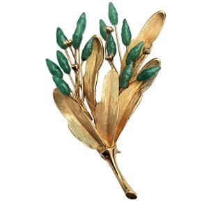 Green Glass Lamp Work Flower Frond Leaf Brooch Clear Rhinestone Pin C944